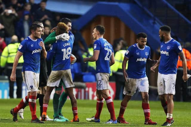 Pompey celebrate their win over Wigan. Picture: Joe Pepler