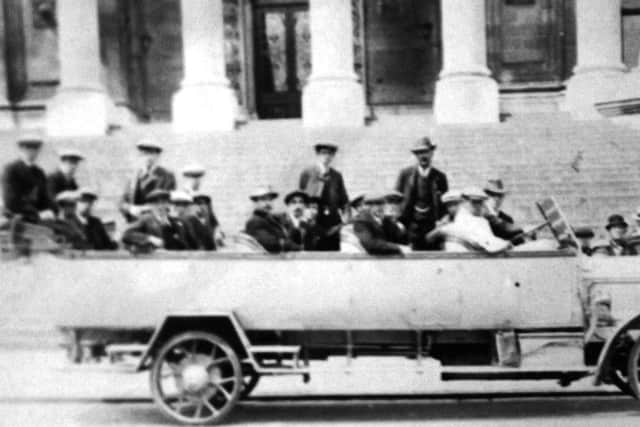 Here we see a group of gentlemen in front of the Guildhall, perhaps on a jolly boys' outing, just before the outbreak of the First World War  Picture: Robert James collection