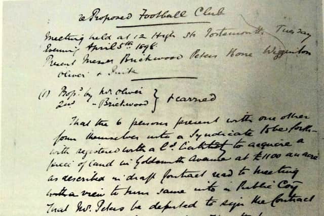 A photograph of the minutes from the first meeting of Portsmouth Football Club on April 5, 1898