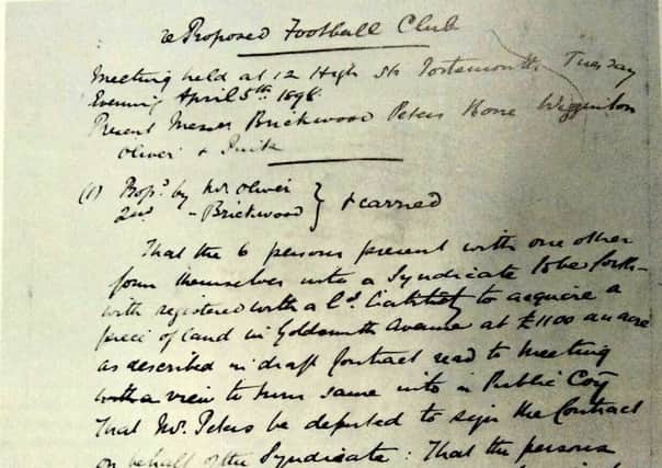 A photograph of the minutes from the first meeting of Portsmouth Football Club on April 5, 1898