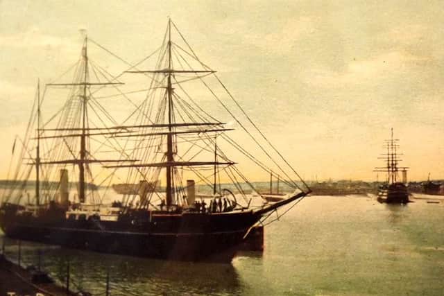 The barque-rigged Discovery in Portmouth Harbour, ossibly taken in 1923 after refitting at Vospers yard were we see the RRS Discovery.