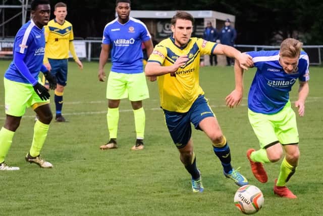 Joseph Briggs scored a double for Moneyfields in their draw against Hanworth Town. Picture: Keith Woodland.
