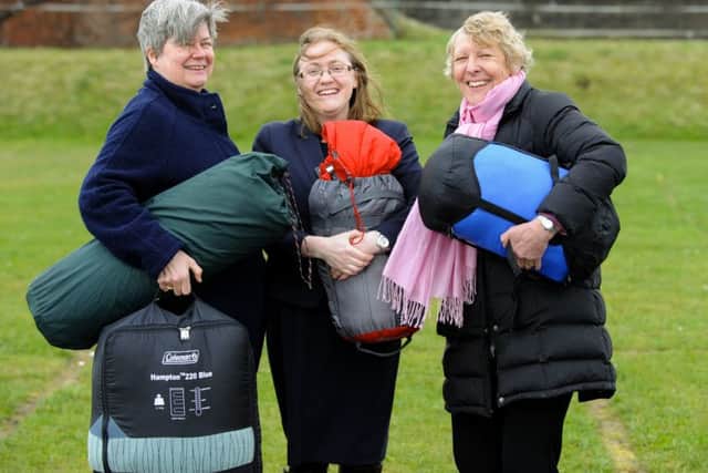 From left, Dr Elizabeth Fellows, Dr Linda Collie and Dr Barbara Rushton, who are taking part in the Pompey CEO Sleepout  Picture: Malcolm Wells (180404-9770)