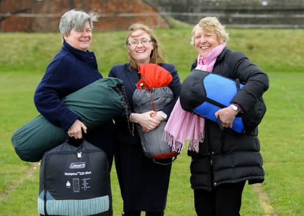 From left, Dr Elizabeth Fellows, Dr Linda Collie and Dr Barbara Rushton, who are taking part in the Pompey CEO Sleepout  

Picture: Malcolm Wells (180404-9770)