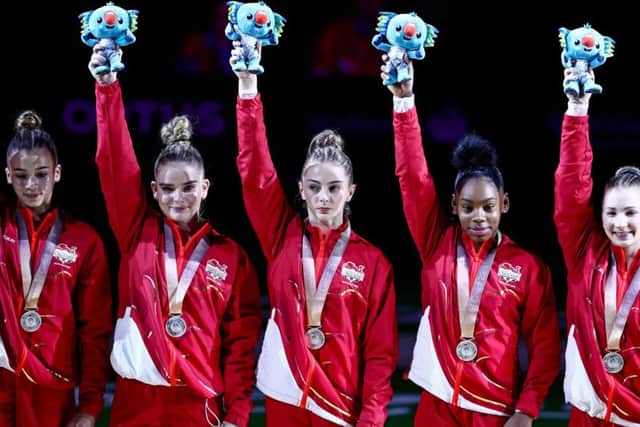 England's team of Kelly Simm, Lucy Stanhope, Georgia-Mae Fenton, Alice Kinsella, Taeja James celebrate Silver in the Women's Team Final at the Coomera Indoor Sports Centre during day two of the 2018 Commonwealth Games in the Gold Coast, Australia. Picture: Danny Lawson/ PA Wire