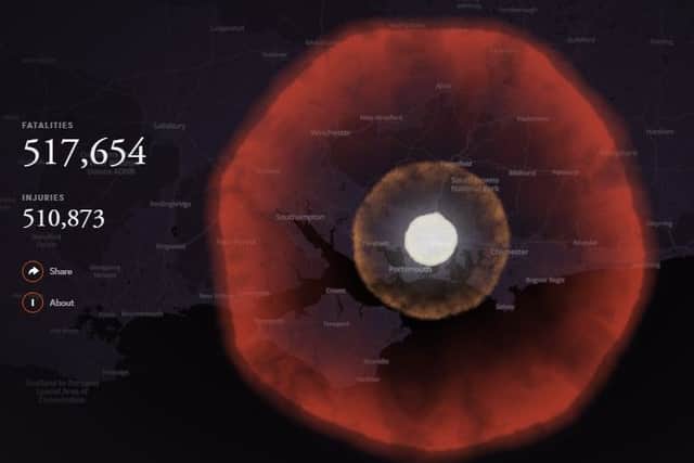 This is what would happen if the largest bomb ever detonated, the USSRs 50,000 KT Tsar Bomba, was dropped on Portsdown Hill Road. From the inside outwards the rings denote the extent of fireball, radiation, shock wave and heat. Picture: outrider.org