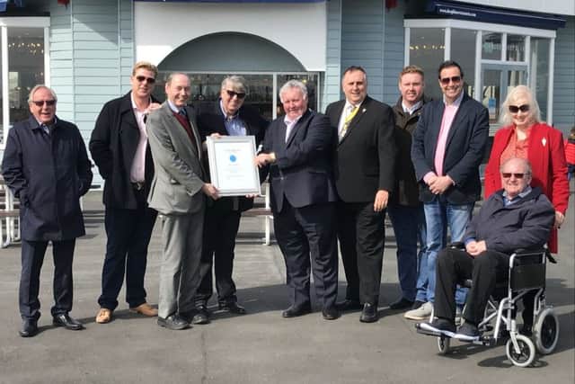 Consultant David Deacon, Tommy Ware Jr, NPS chairman Tim Wardley, pier owner Tommy Ware Snr, pier owner Bob Pettett Snr, deputy mayor David Fuller, surveyor Malcolm Belcher, NPS membership secretary Joy Surtees, John Surtees