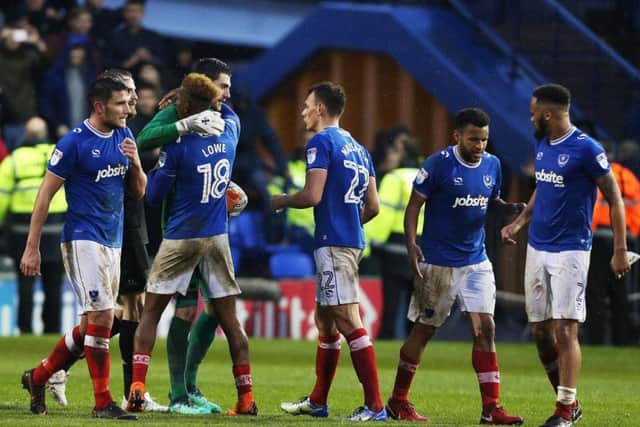 Pompey celebrate their win over Wigan. Picture: Joe Pepler