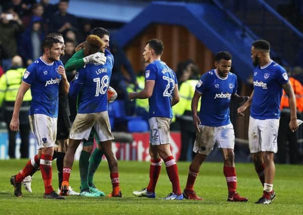 Pompey celebrate their win over Wigan. Picture: Joe Pepler