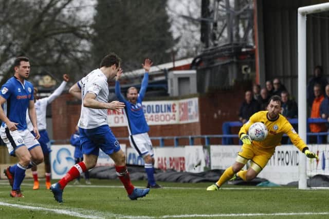 Brett Pitman scores for Pompey at Rochdale. Picture: Daniel Chesterton/phcimages.com