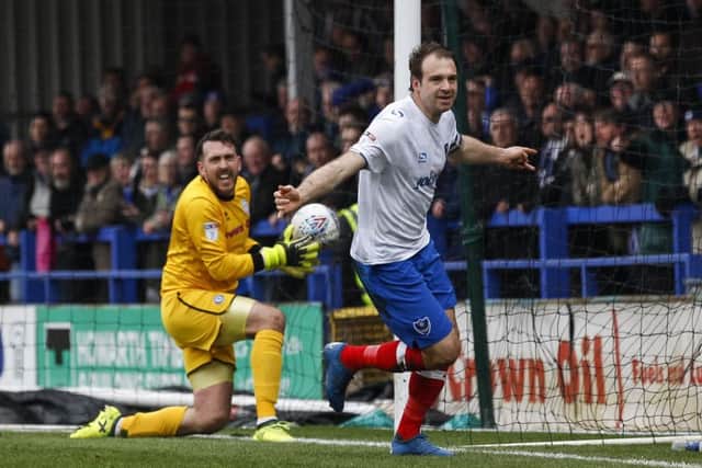 Brett Pitman celebrates after scoring for Pompey in their game at Rochdale. Picture: Photo by Daniel Chesterton/phcimages.com