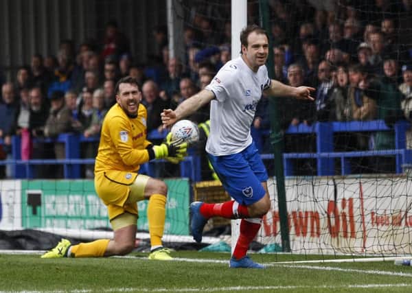 Brett Pitman celebrates after scoring for Pompey in their game at Rochdale. Picture: Photo by Daniel Chesterton/phcimages.com