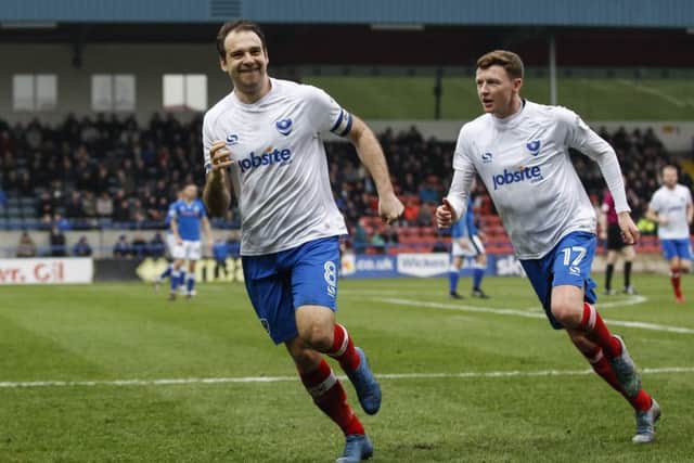 Brett Pitman celebrates his second goal at Rochdale. Picture: Daniel Chesterton