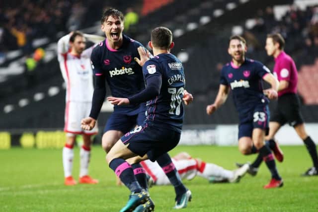 Oli Hawkins celebrates Conor Chaplin's winner at MK Dons. Picture: Joe Pepler
