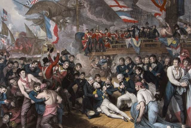 Kiss me Hardy... the death of Nelson in HMS Victory in an engraving by James Heath.