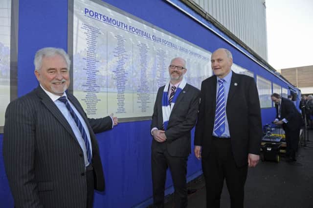 From left: Iain McInnes, Ashley Brown and Eric Coleborn at the unveiling of the Wall of Fame at Fratton Park in 2016. Picture: Ian Hargreaves (161361-7)
