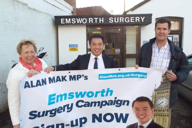 Alan Mak launches the Emsworth surgery campaign with Cllr Richard Kennet and Cllr Rivka Cresswell