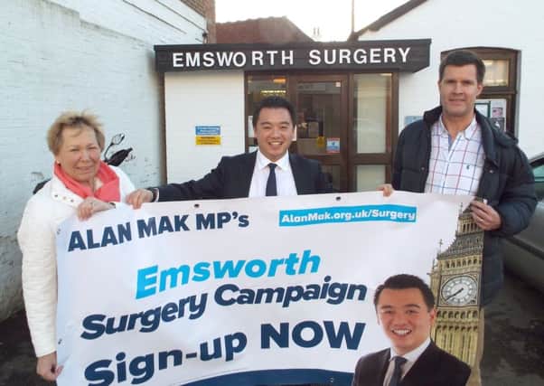 Alan Mak launches the Emsworth surgery campaign with Cllr Richard Kennet and Cllr Rivka Cresswell