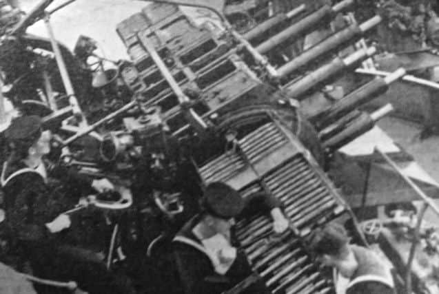 Capable of sending up a devastating barrage of fire against incoming aircraft, here we see an eight-barrel anti-aircraft pom-pom gun.