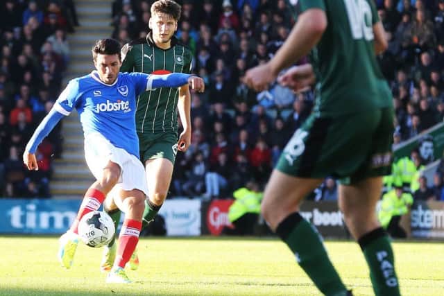 Danny Rose scores in the 2-2 draw withPlymouth at Home Park last season. Picture: Joe Pepler