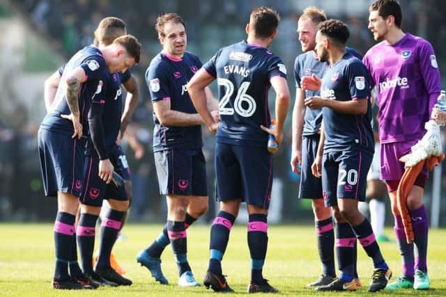 Brett Pitman addresses his Pompey team-mates after their 0-0 draw at Plymouth. Picture: Joe Pepler