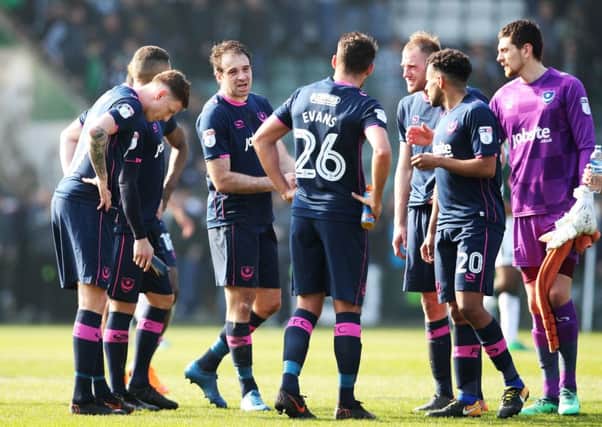 Brett Pitman addresses his Pompey team-mates after their 0-0 draw at Plymouth. Picture: Joe Pepler