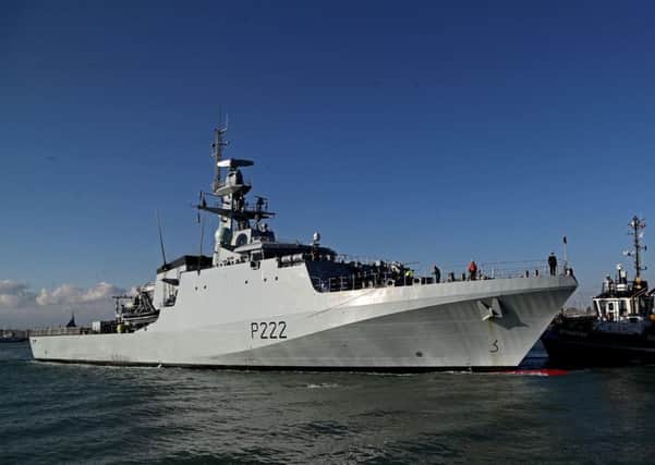 HMS Forth, the first of the Royal Navy's next generation offshore patrol ships arrives for the first time at her home base in Portsmouth. PHOTO: Gareth Fuller/PA Wire PPP-180226-125346001