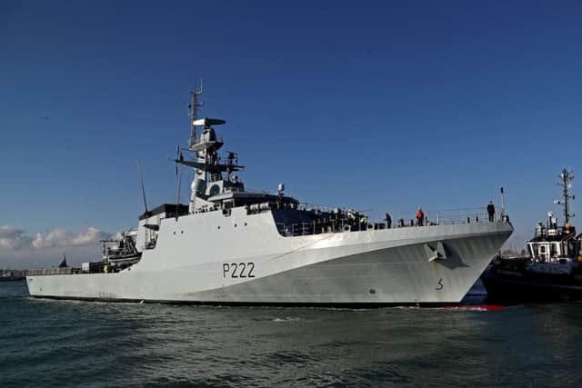 HMS Forth, the first of the Royal Navy's next generation offshore patrol ships arrives for the first time at her home base in Portsmouth. PHOTO: Gareth Fuller/PA Wire PPP-180226-125346001