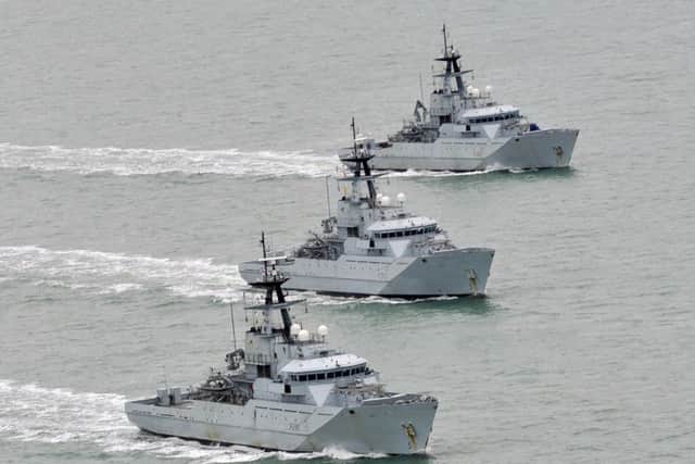 The three River-class patrol vessels of the Fishery Protection Squadron, HMS Mersey, HMS Severn and HMS Tyne on Exercise off the south-west coast. Picture: LA(Phot) AJ MacLeod SUS-171031-100537001