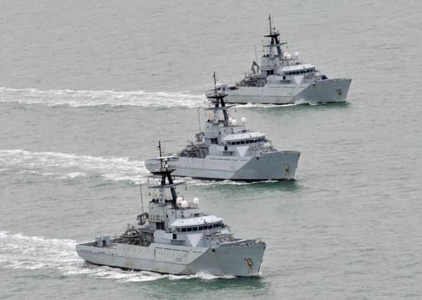 The three River-class patrol vessels of the Fishery Protection Squadron, HMS Mersey, HMS Severn and HMS Tyne on Exercise off the south-west coast. Picture: LA(Phot) AJ MacLeod SUS-171031-100537001