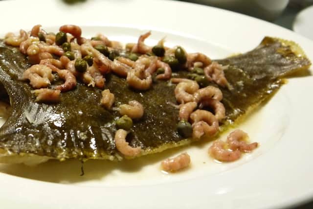 Baked brill with capers and brown shrimp