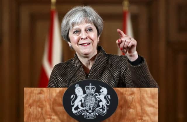 Prime Minister Theresa May during a press conference in 10 Downing Street, London, on the air strikes against Syria. Picture: Simon Dawson/PA Wire.