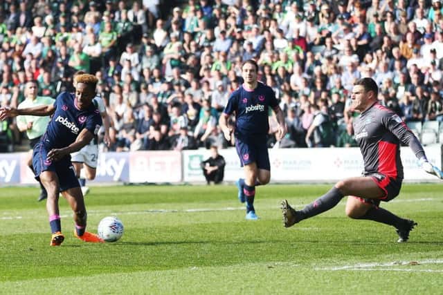 Jamal Lowe sends a shot towards goal in Pompey's match at Plymouth. Picture: Joe Pepler/Digital South