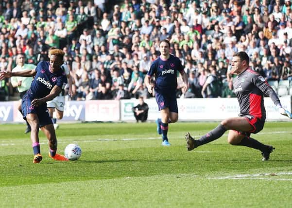 Jamal Lowe sends a shot towards goal in Pompey's match at Plymouth. Picture: Joe Pepler/Digital South