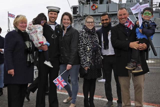 Able Seaman (Diver) Tom Bennett is welcomed home by family and friends after being away for 3 months in the Baltic Sea on HMS Cattistock