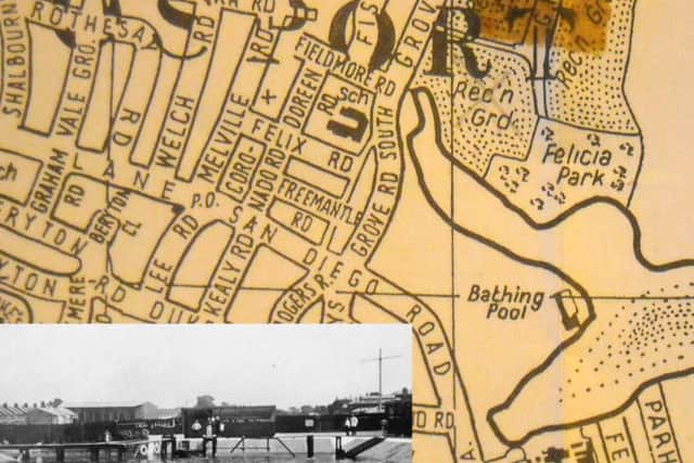 Thanks to Derek Howard we can now locate the position of the Royal Marines Light Infantry bathing pool and, inset, the original picture of the pool. Picture: Robert James Collection