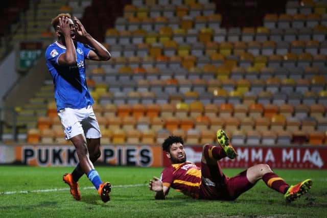 Jamal Lowe shows his frustration at Bradford. Picture: Joe Pepler