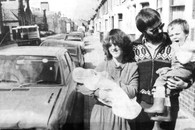 Barry Norman, his wife, Bronya, and children Gary, two, and Lynsey-Ann, who narrowly escaped a collision outside their home in Penhale Road, Fratton