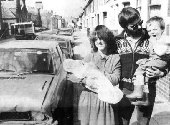 Barry Norman, his wife, Bronya, and children Gary, two, and Lynsey-Ann, who narrowly escaped a collision outside their home in Penhale Road, Fratton