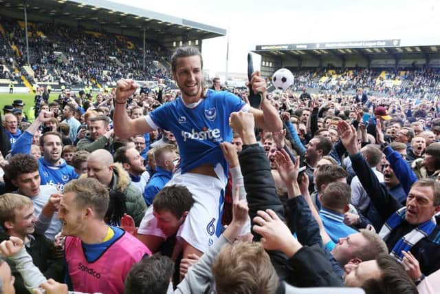 Pompey celebrated promotion at Notts County. Picture: Joe Pepler
