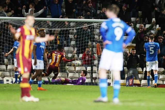 Pompey concede their third goal at Bradford. Picture: Joe Pepler