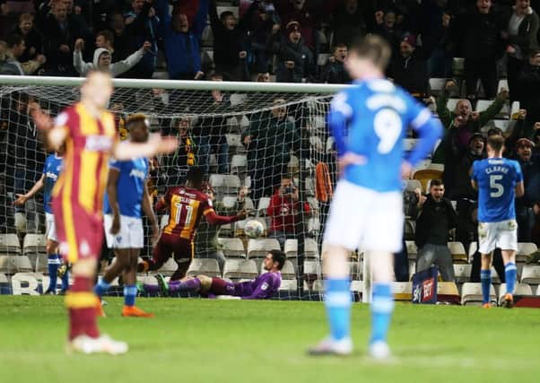 Pompey concede their third goal at Bradford. Picture: Joe Pepler