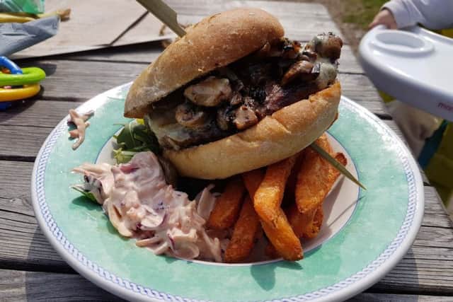 The Dovecote's Alps burger - blue stilton, portobello mushrooms and garlic mayonnaise