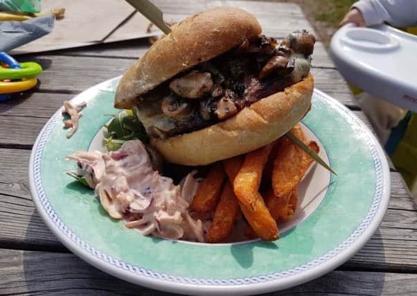 The Dovecote's Alps burger - blue stilton, portobello mushrooms and garlic mayonnaise