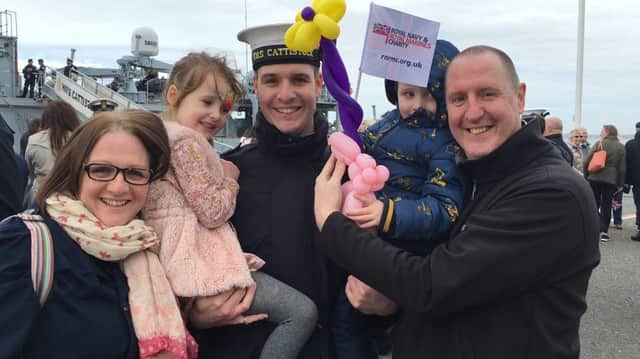 Chef Patrick Bidgood, 28, of Gosport, with his two children, Grace, five (left of him) and Clark, three (right of him). His mum, Angela is far left and his dad, Stephen, is far right.