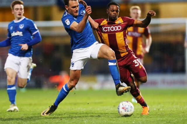 Kal Naismith battles for the ball during Pompey's 3-1 loss at Bradford City