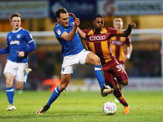 Kal Naismith battles for the ball during Pompey's 3-1 loss at Bradford City