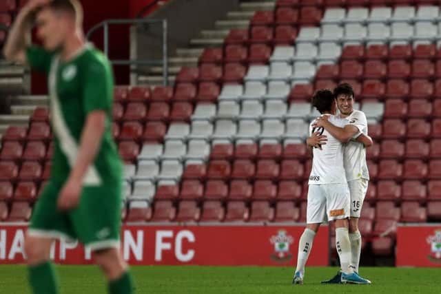 Andreas Robinson, right, celebrates his opener in the Hawks' Hampshire Senior Cup triumph. Picture: Chris Moorhouse