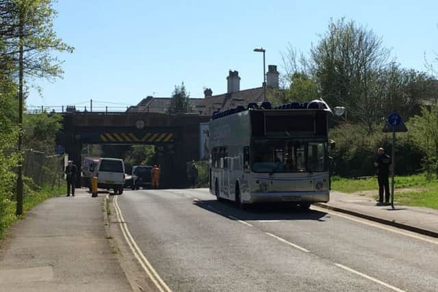 The Emsworth and District bus without its roof, after hitting the bridge. Credit: John Horsman