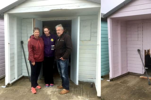 Beach hut leaseholders. from left  Chris Pitman, Patricia Ellam-Speed and Paul Becke, and, right, a  damaged hut